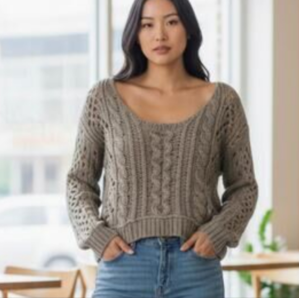 FREE PEOPLE Maribel Chunky Cable Knit Sweater Taupe Beige L